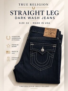 True Religion Ricky Straight Leg Dark Wash Jeans Made in USA Men’s Size 34